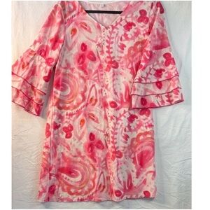 Pink Watercolor Print V-Neck Ruffle Sleeve Dress